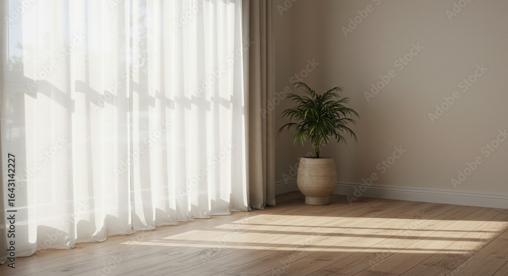 Obraz premium Bright indoor space with potted plant and sheer curtains 