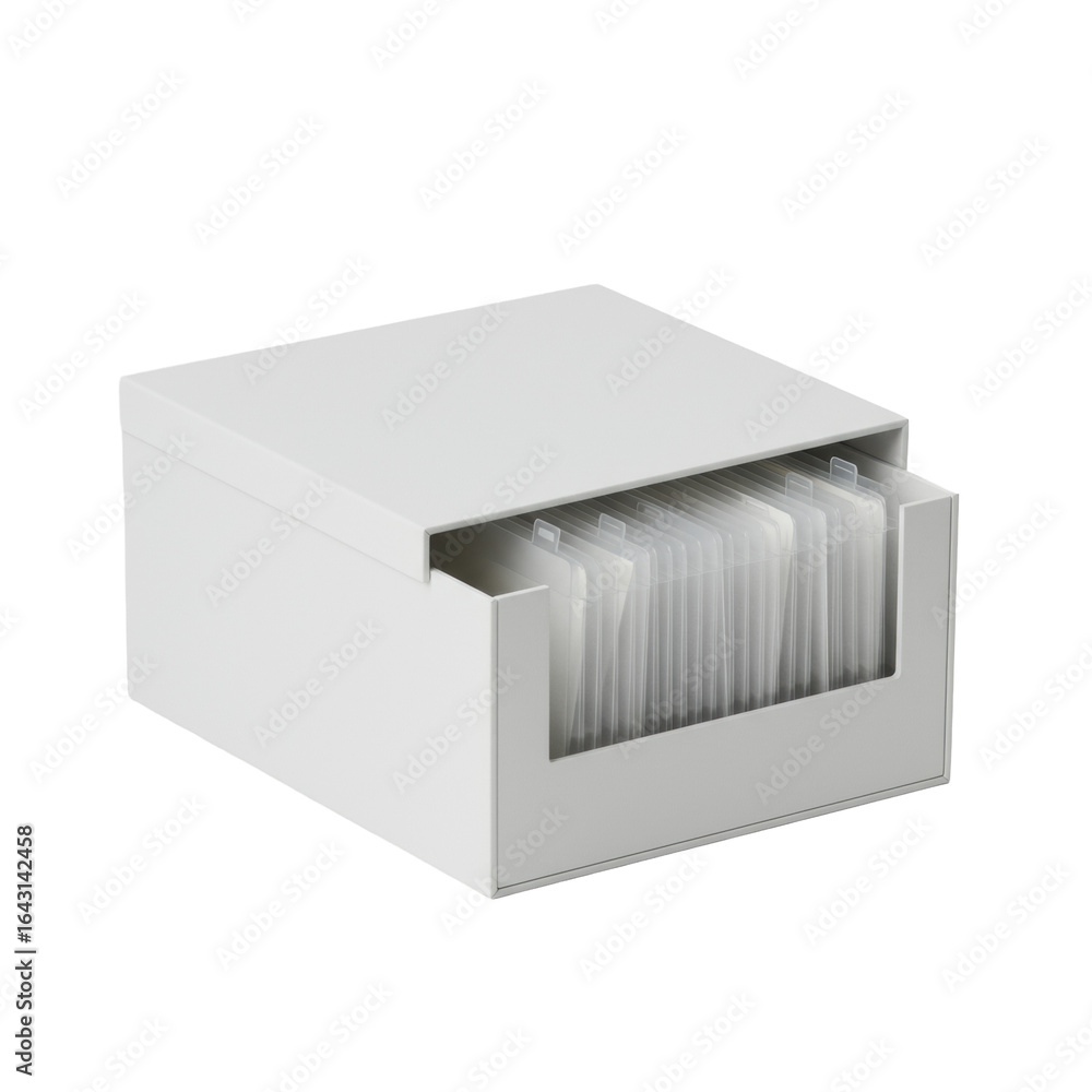 Fototapeta premium Pristine matte white cardboard photo storage box with translucent dividers on a transparent infinity cove background, studio lighting, no shadows, commercial product display