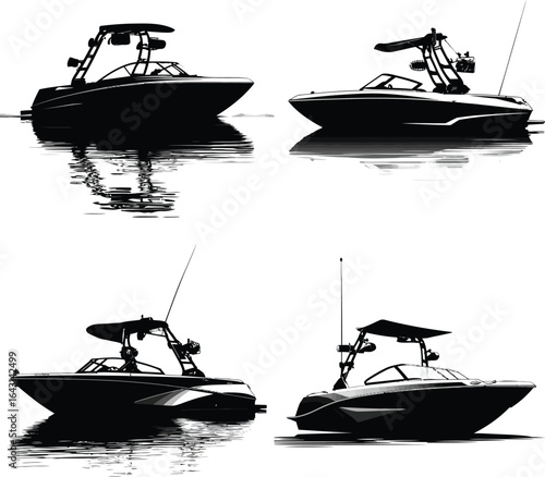 Black wakeboard boat, water sport EPS