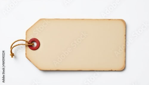 Blank Vintage Style Label Tag with Twine and Red Eyelet Isolated on White Background for Crafting and Labeling Needs