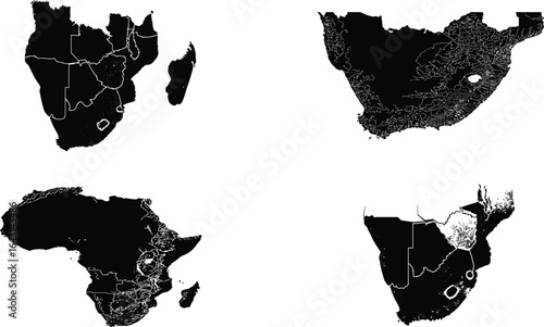 Frica Detailed Map, Black Silhouette EPS