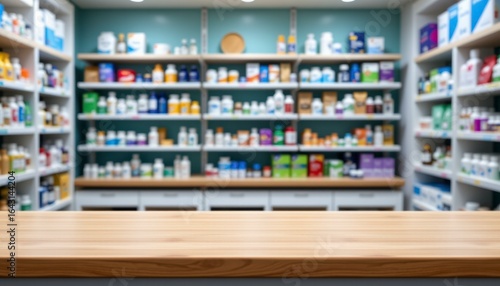 Wallpaper Mural Pharmacy Interior with Shelves Full of Medicine Bottles and Blurred Countertop in the Foreground of a Modern Drugstore Torontodigital.ca