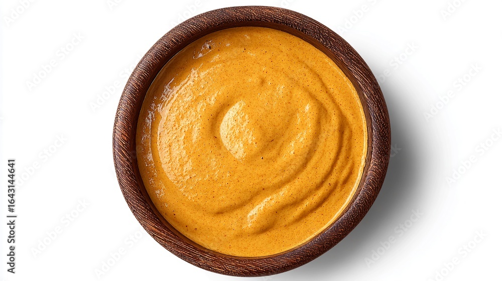 Fototapeta premium Rich and creamy sauce displayed in a wooden bowl, showcasing a golden orange color and smooth texture