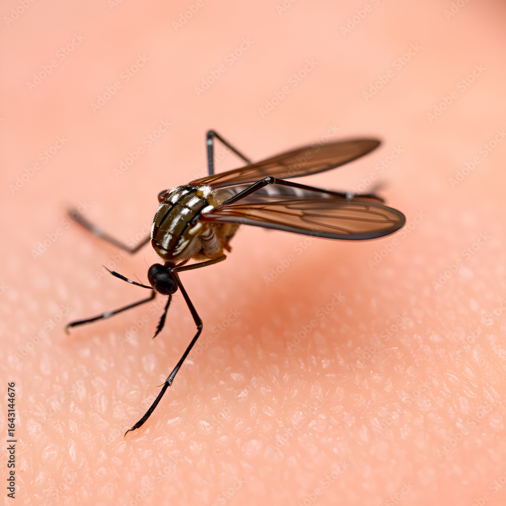 Obraz premium Zika Virus Carriers Close Up of Mosquitoes on Skin Bloodsucking Insect Spreading Diseases Mosquitoes Feeding Zika Virus Spreads Diseases Mosquitoes Drawing Blood From Human Skin Mosquitoes Transmittin