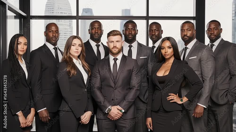 Diverse group of professionals standing confidently in a modern office setting Diverse group of professionals standing confidently in a modern office setting