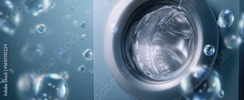 The modern washing machine surrounded by floating bubbles and water droplets.