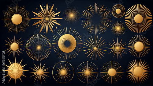 Sunburst set. Big collection sunburst best quality. Star, firework explosion, logo, emblem, tag. Web banner. Vector Illustration.