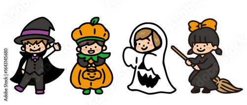 ハロウィンの仮装をしている子供たちのイラストセット