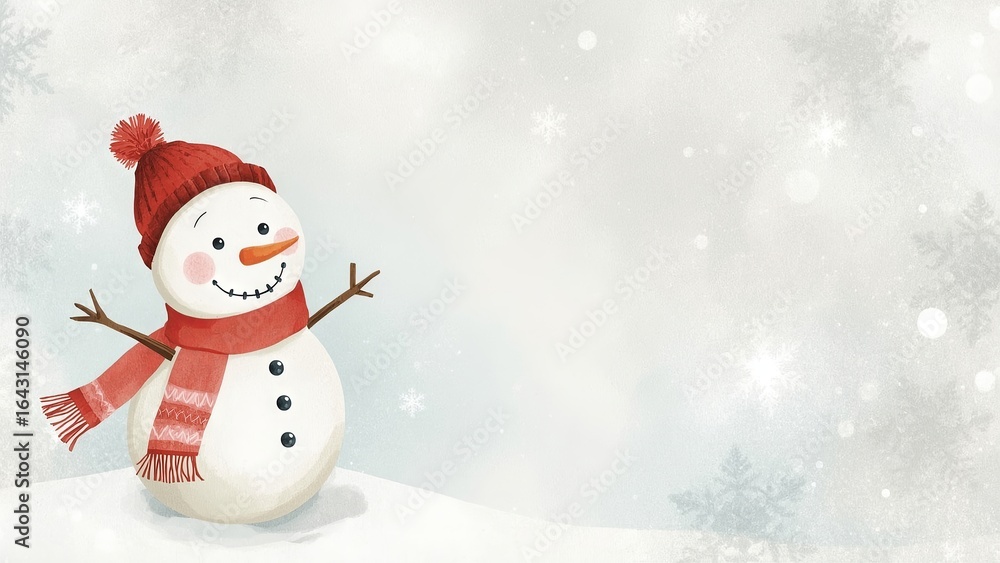 A cheerful snowman stands happily on a snowy winter background, surrounded by snow-covered trees and a bright, clear sky, creating a joyful and festive atmosphere A cheerful snowman stands happily on a snowy winter background, surrounded by snow-covered trees and a bright, clear sky, creating a joyful and festive atmosphere
