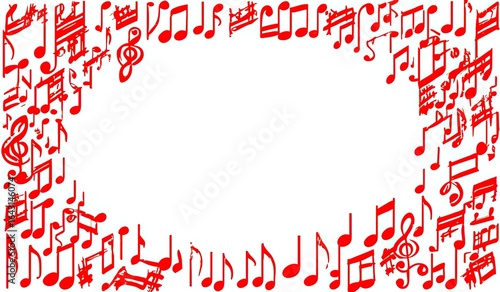 Red musical notes frame a white background