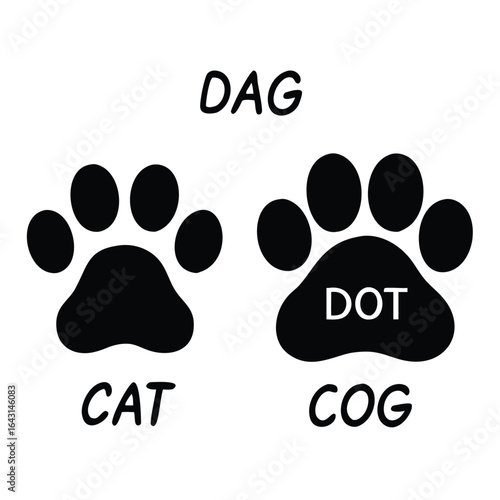 Paw prints with words cat dog dot cog and dag vector illustration