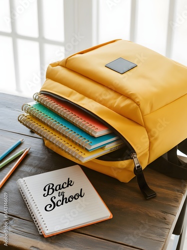 school backpack on wooden desk back to with notebooks and pencils