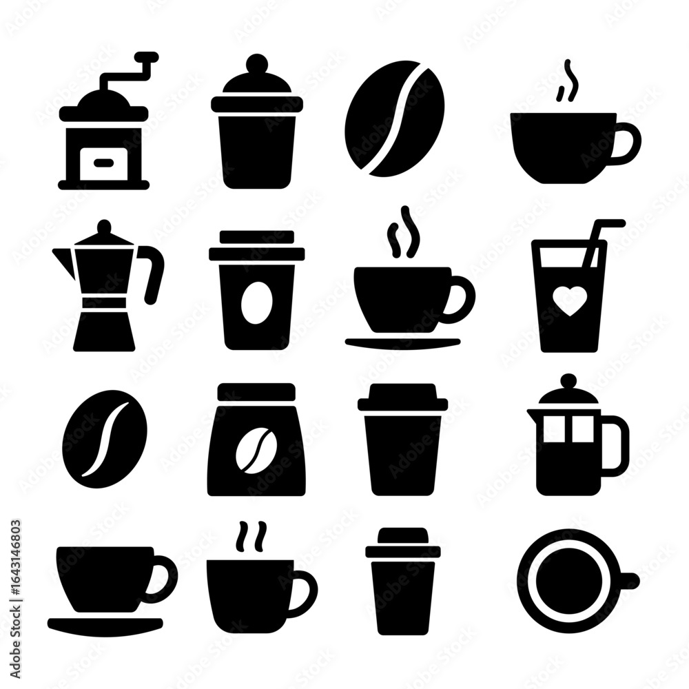 Fototapeta premium Illustration of a black coffee and coffee accessories icon isolated on a white background
