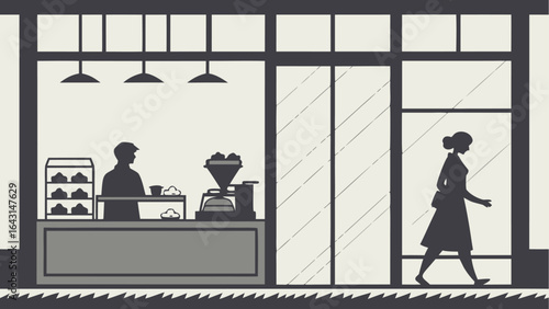 Silhouette of a woman walking past a coffee shop with a barista and pastries inside the window view