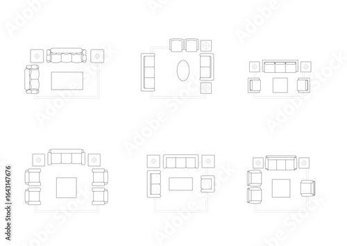 Detailed top view architectural drawing of sofa and living room furniture layout, perfect for floor plans, interior design projects, and architectural presentations