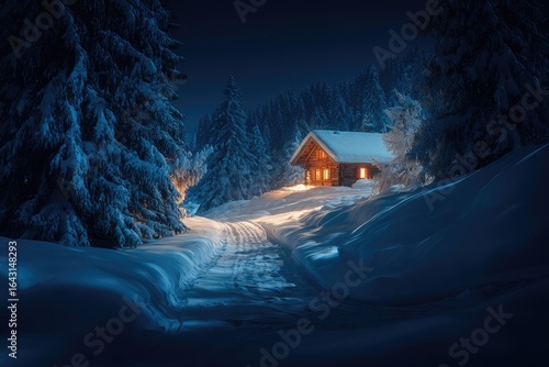 Snowy chalet nestled in a dark forest at night