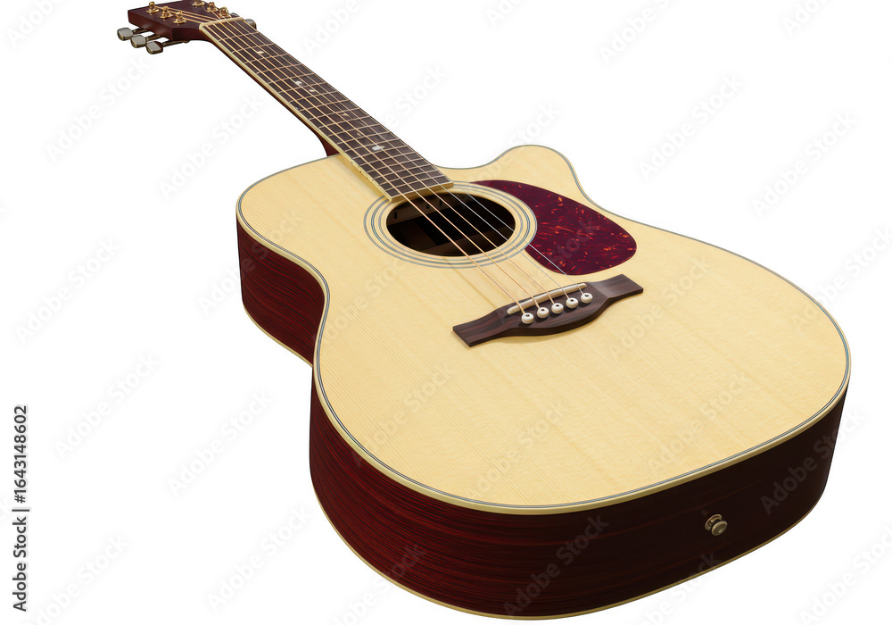 Fototapeta premium Acoustic guitar with six strings, made of wood, isolated on a transparent background, ready for music performance or practice