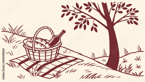 A delightful picnic scene with a basket of food and wine under the shade of a leafy tree outdoors silhouette