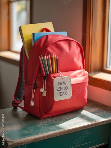 school backpack on wooden desk red with new year tag and supplies