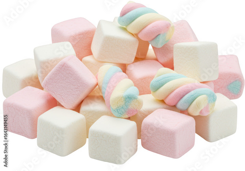 A pile of colorful and fluffy marshmallows, including pastel pink, white, and swirled pastel colors, isolated on a transparent background