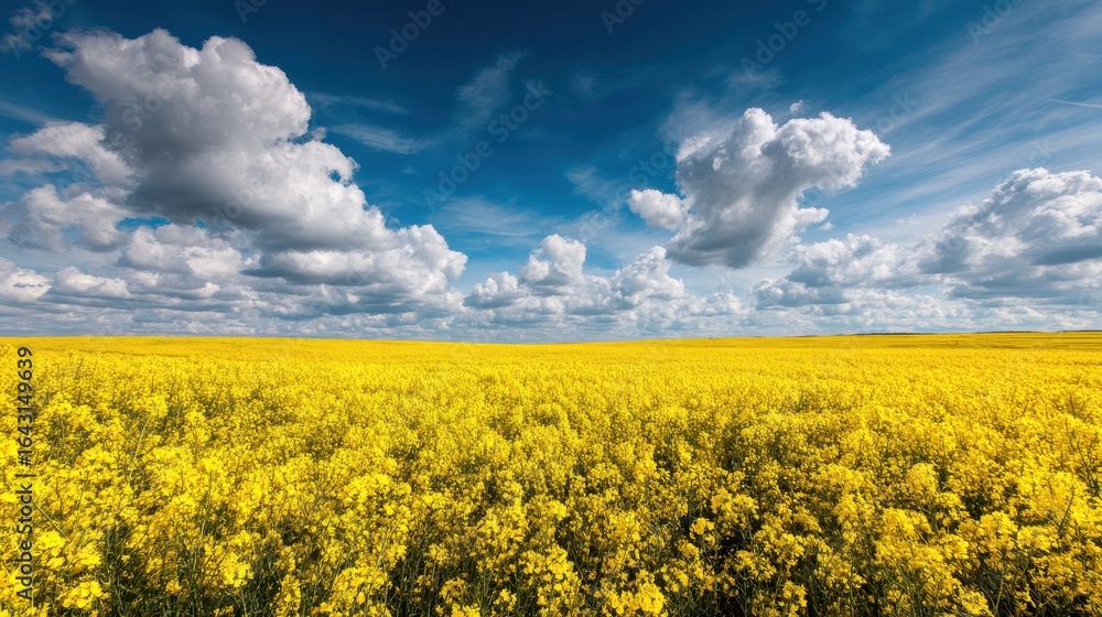 Obraz premium Flowering field under blue sky with clouds. Spring, growth, farming concept