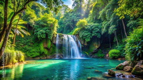 lush rainforest scene with waterfall cascading into a crystal-clear pool.