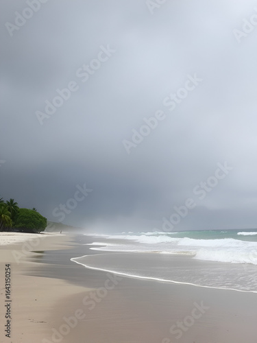 St. James, Barbados - April 10 2021: Thick ash from St. Vincent and the Grenadine's Soufriere volcano eruption turns the sky and ocean grey on an east coast beach with a thick unbreathable haze.