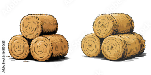 Hay bales stacked, hand-drawn illustration, farm concept
