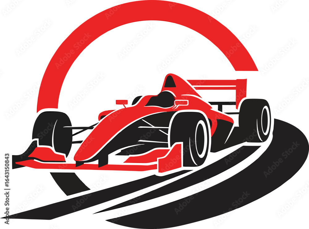 Fototapeta premium A sleek red Formula 1 racing car speeds dynamically around a stylized track curve, depicted as a modern vector graphic icon or emblem for motorsport events.