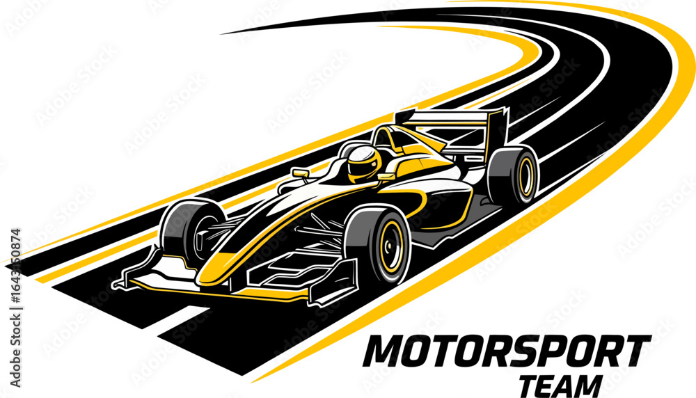 Obraz premium A sleek, dynamic Formula 1 racing car speeds along a stylized black and yellow track, embodying the thrilling essence of professional motorsport competition.