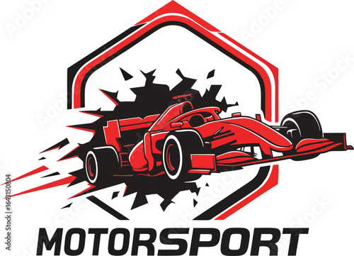 A dynamic red Formula 1 race car bursts through a hexagonal frame with motion blur, symbolizing speed, power, and the excitement of motorsport competition.