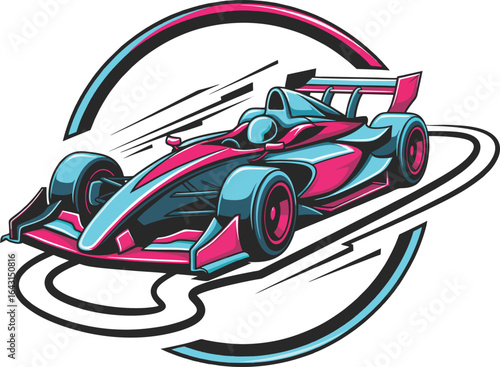A vibrant, abstract vector illustration depicts a high-speed Formula 1 racing car in dynamic motion on a track, showcasing modern motorsport design.