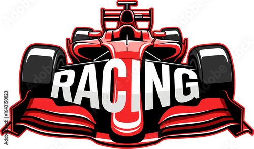 A stylized red Formula 1 racing car with the prominent word "RACING" displayed, symbolizing speed, automotive competition, and dynamic sport.