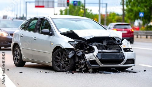 Damaged silver car on highway
