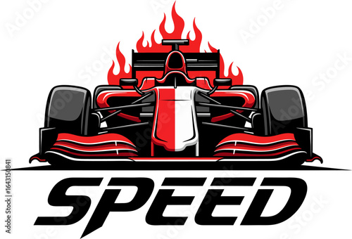 A dynamic red and black Formula 1 race car illustration, engulfed in flames, powerfully symbolizing extreme speed and competitive motorsport.