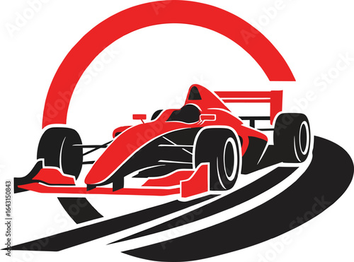 A sleek red Formula 1 racing car speeds dynamically around a stylized track curve, depicted as a modern vector graphic icon or emblem for motorsport events.
