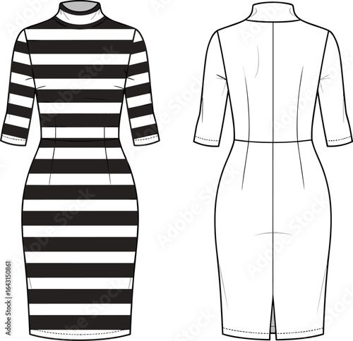 Striped bodycon dress, half sleeve fitted dress, high neck midi dress, black and white stripe dress, mock neck sheath dress, fashion sketch