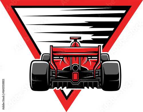 An iconic red Formula 1 race car is depicted from the rear, showcasing its powerful design and the thrill of professional auto racing.