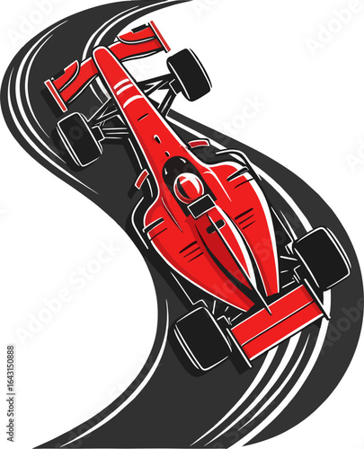 A dynamic red Formula 1 race car speeds around a winding asphalt track, captured from an exciting overhead perspective in a vibrant vector illustration.