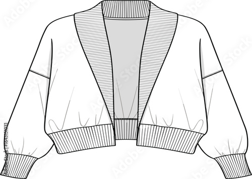 Open front cardigan, long sleeve cropped sweater, ribbed hem and cuffs, relaxed fit knitwear, casual women’s cardigan jacket, fashion flat sketch