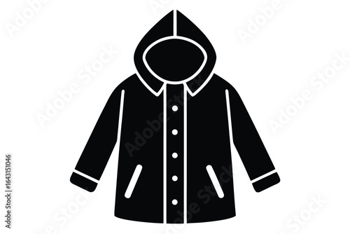 A black buttoned rain jacket with a hood is displayed on a white background