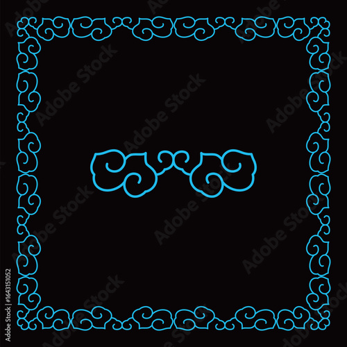 Traditional black outline cloud patterns form a decorative square frame and inner motif.