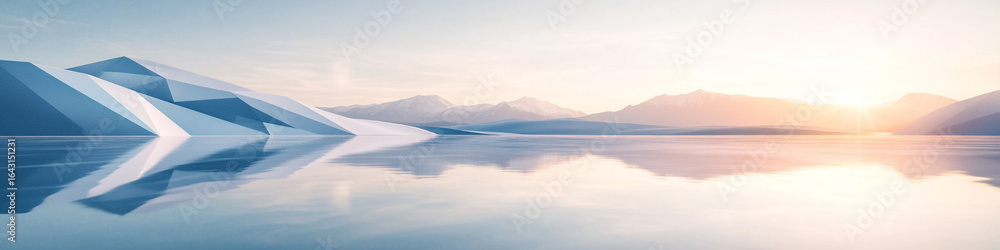Obraz premium Geometric horizon lines over calm lake in icy morning light