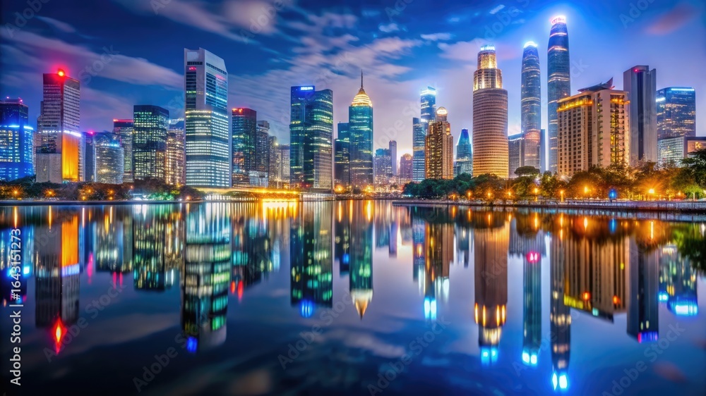 Fototapeta premium night city skyline with illuminated skyscrapers reflected on a river.