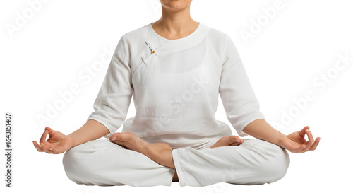 Woman meditating in a lotus pose, symbolizing peace, calm, and serenity, isolated on transparent background