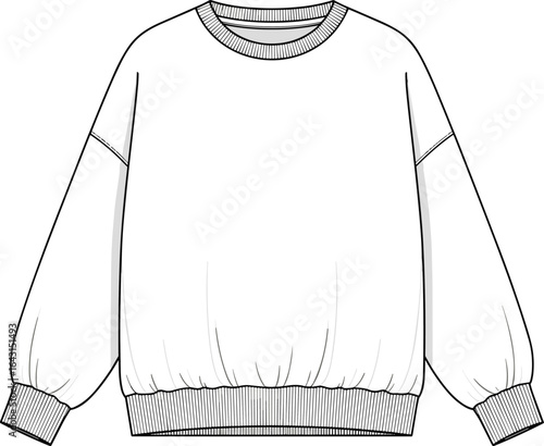 Oversized crew neck sweatshirt, long sleeve pullover, ribbed cuffs and hem, casual loose fit sweater, blank fashion flat sketch, CAD template