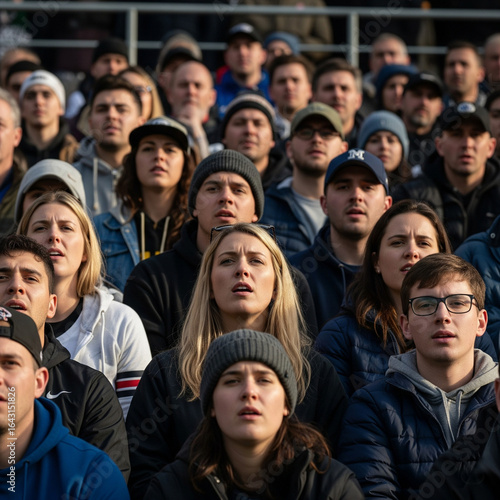 Crowd of people are watching a game, with some wearing hats