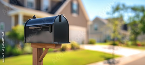 The black mailbox standing gracefully in a suburban neighborhood landscape.