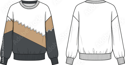 Women’s zigzag color block sweatshirt – casual crewneck pullover in white, tan, and charcoal for cozy fall, winter, and everyday wear