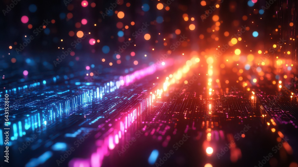 Fototapeta premium Abstract digital glowing lines and particles background.